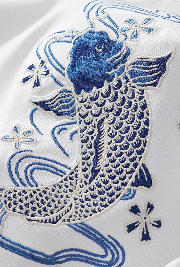Blue Nishikigoi Embroidery T Shirt Cotton
