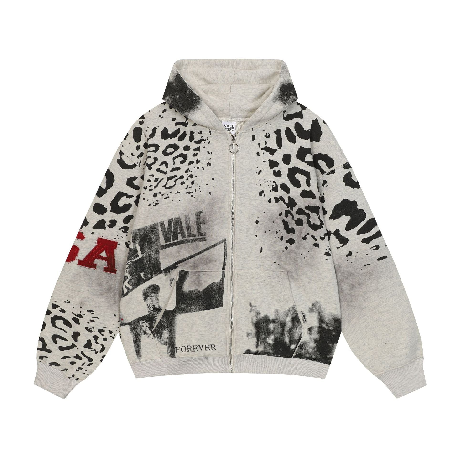 Vale Forever Leopard Print Graphic Zip Up Hoodie Grey