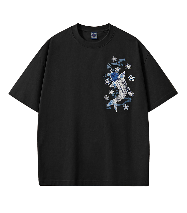 Blue Nishikigoi Embroidery T Shirt Cotton