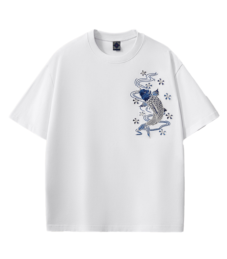 Blue Nishikigoi Embroidery T Shirt Cotton