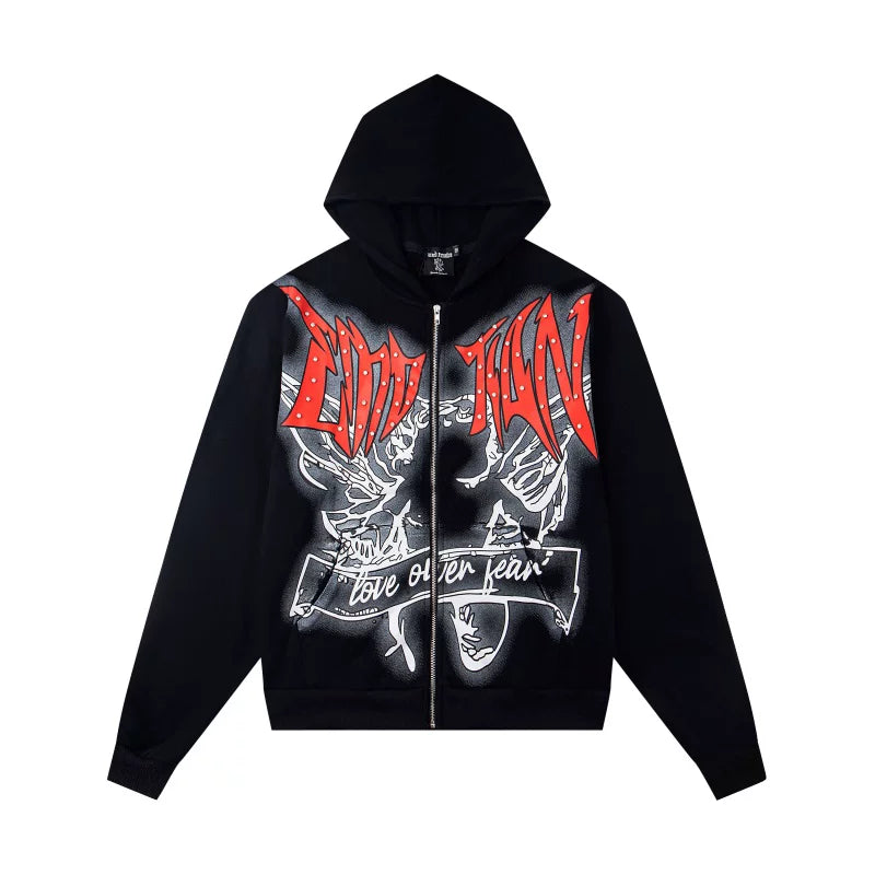 Mixed Emotions Gothic Angel Rhinestone Zip Up Hoodie Streetwear Graphic Full Zip Jacket