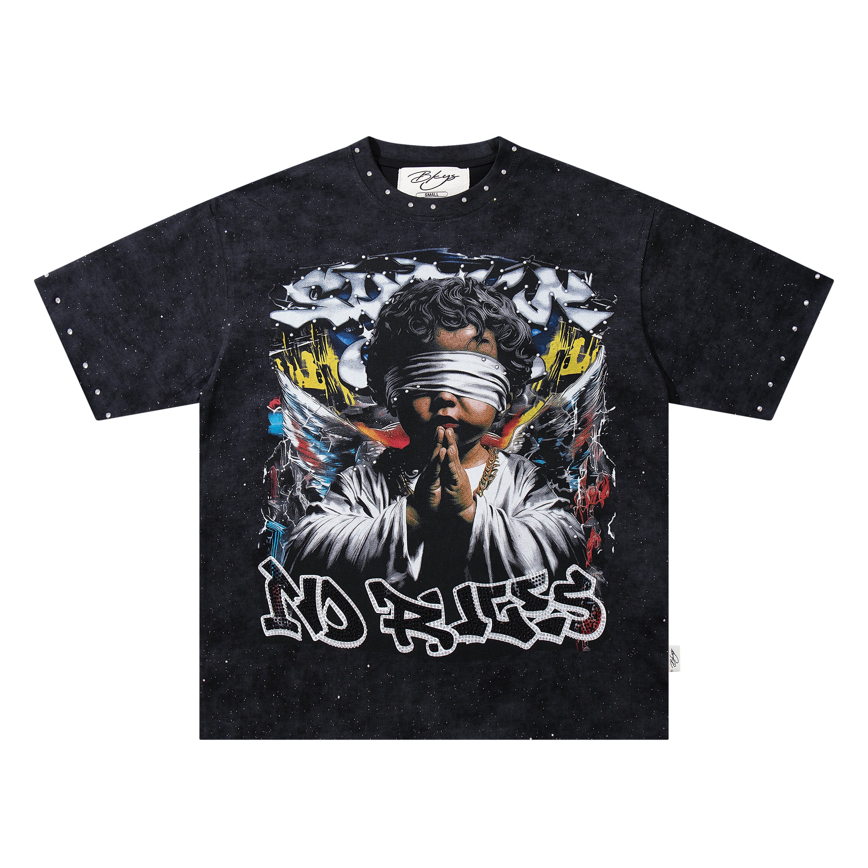 BKYS Praying Angel Rhinestone Black Oversized Graphic T-Shirt