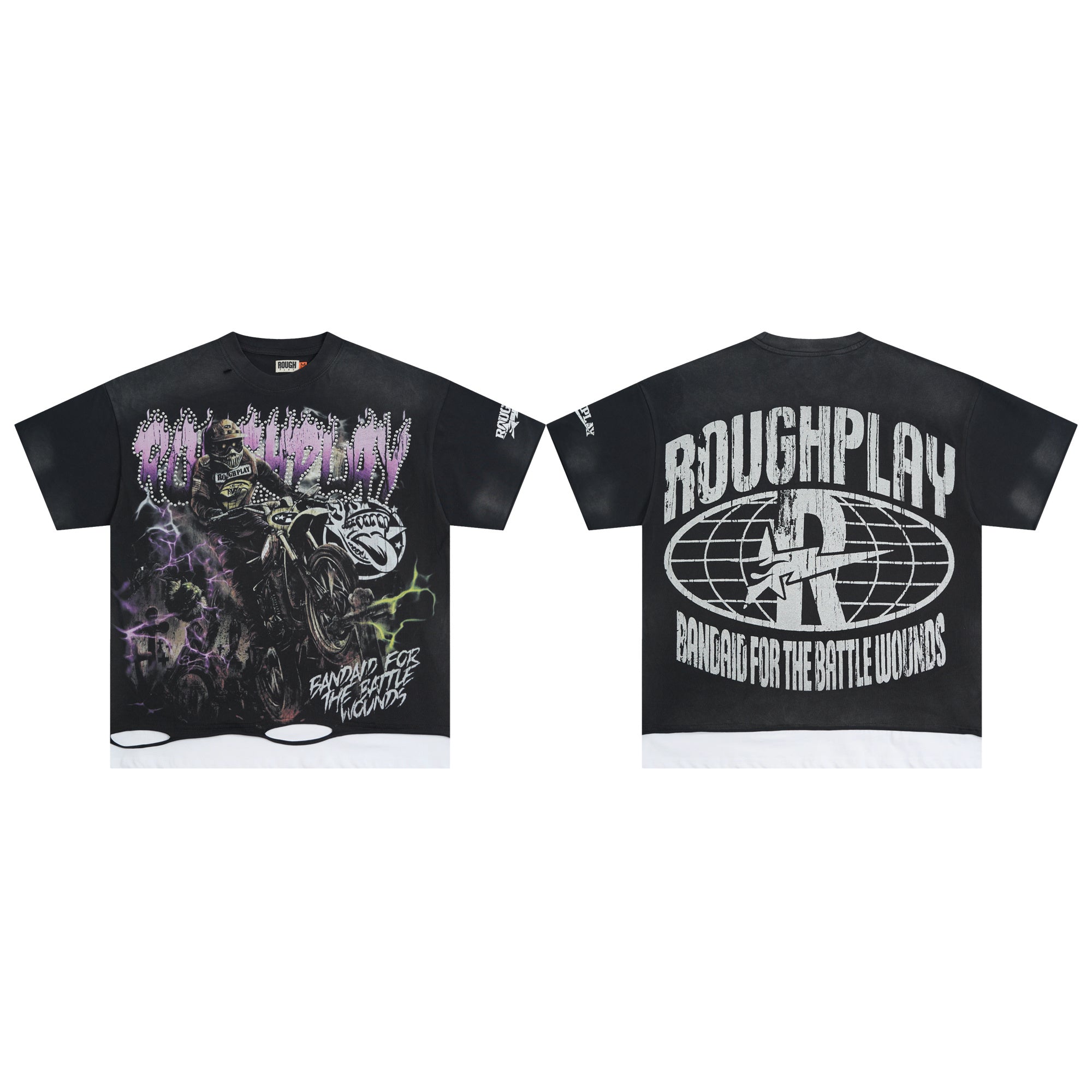 Roughplay Lightning Dirt‑Bike Rider Layered Hem Double‑Sided Distressed Tee