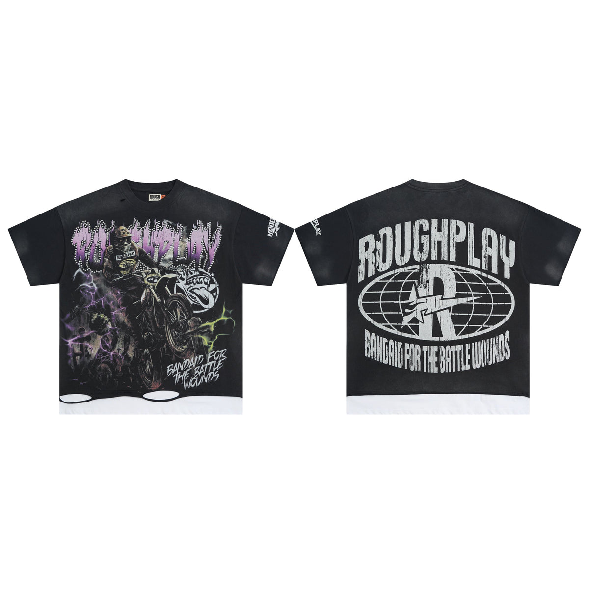 Roughplay Lightning Dirt‑Bike Rider Layered Hem Double‑Sided Distressed Tee