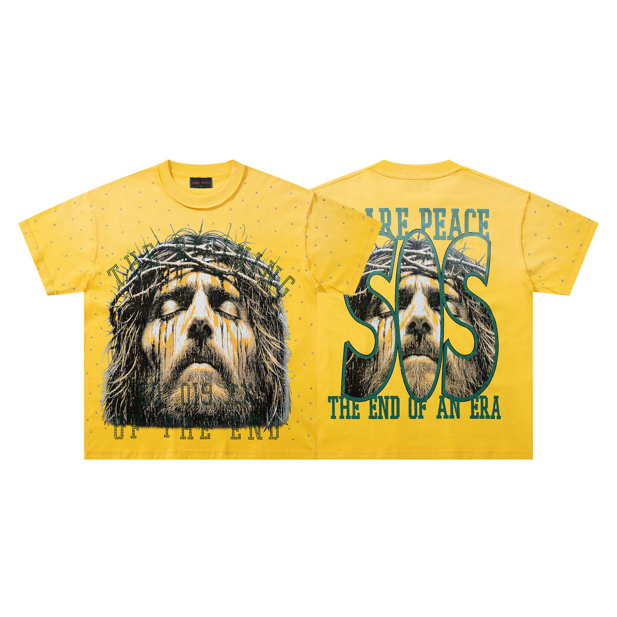 Rare Peace SOS Skull The End Of An Era Rhinestone Yellow Oversized T-Shirt