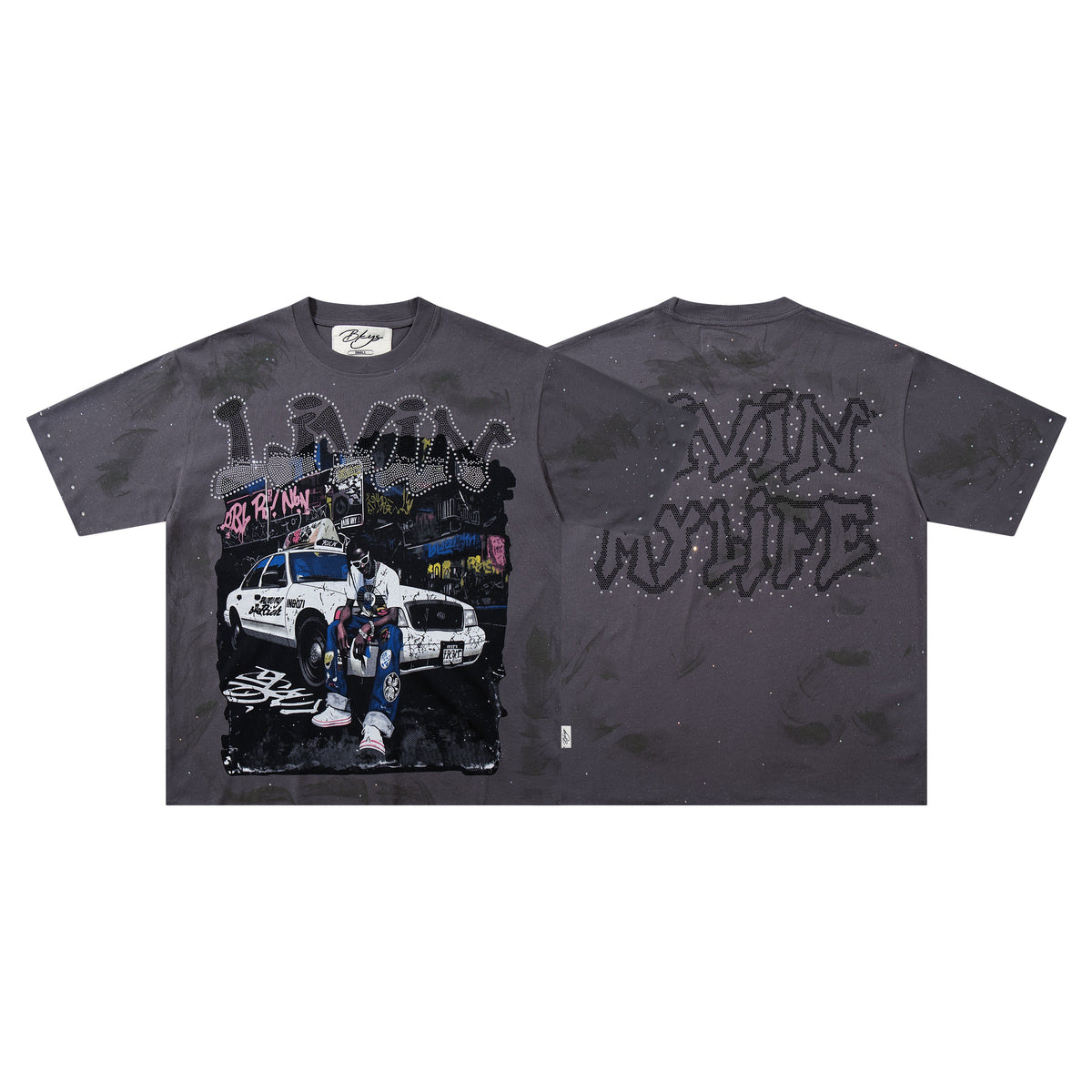 BKYS  Hip Hop Rapper Taxi Grey Star Washed Oversized Graphic T‑Shirt