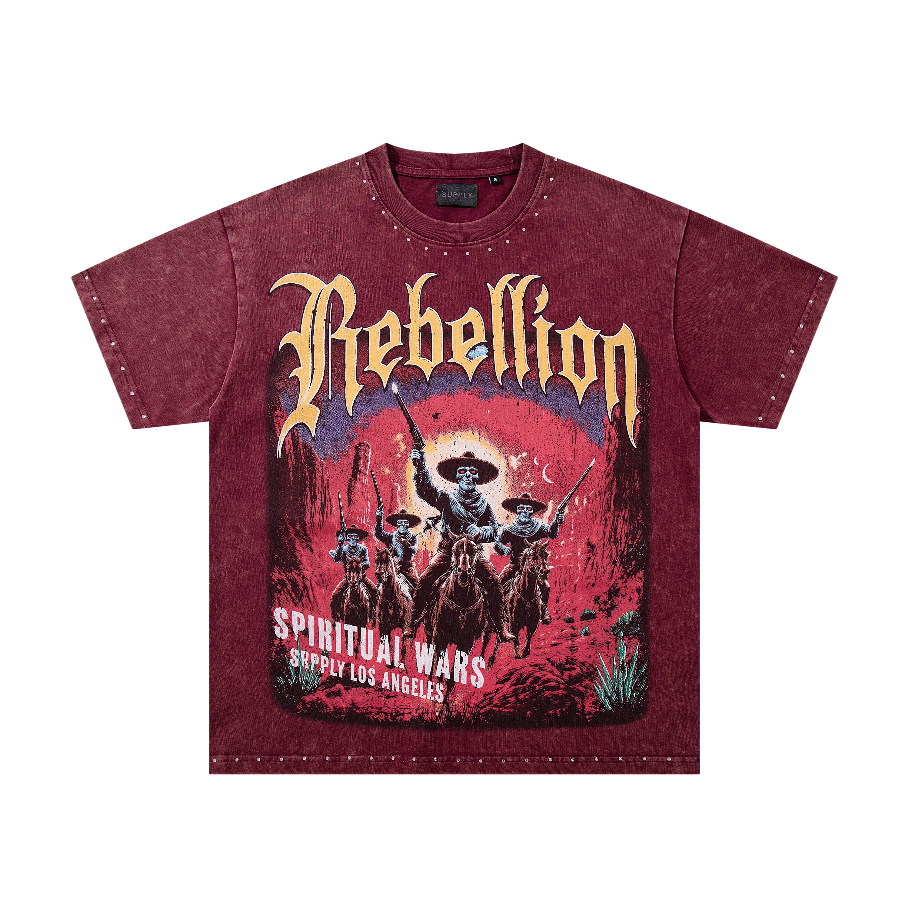 SUPPLY Rebellion Western Cowboy Burgundy Washed Oversized Graphic T‑Shirt