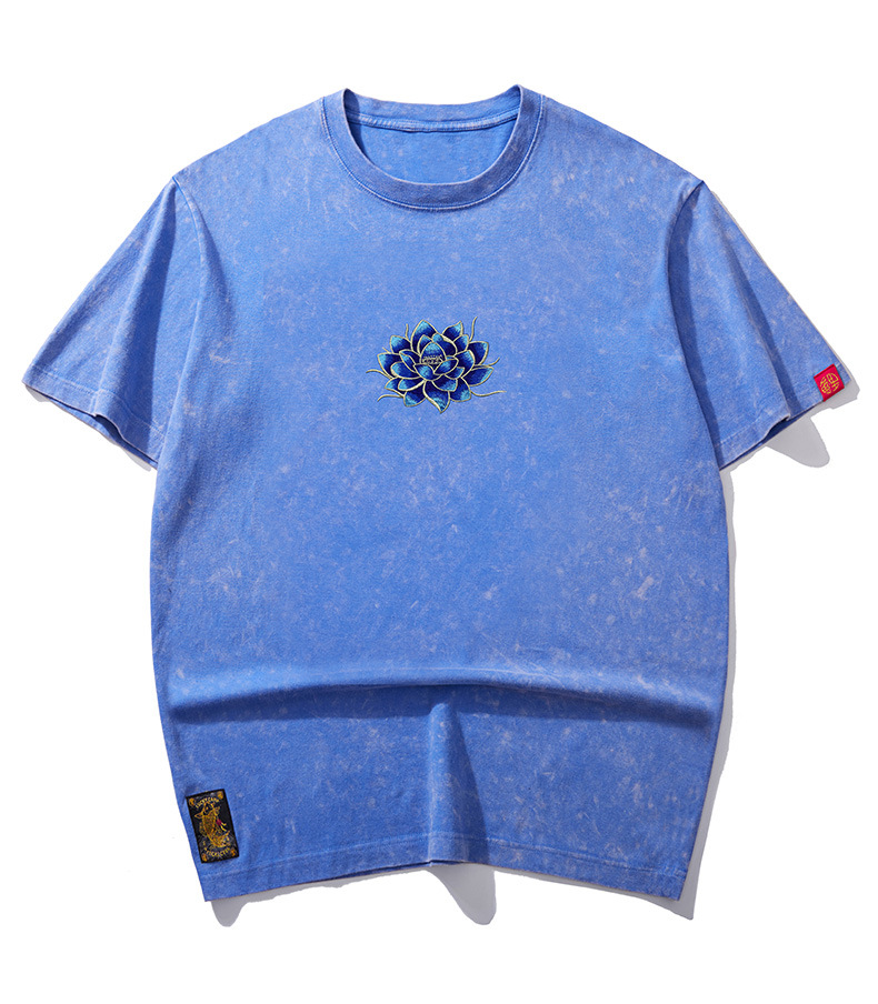 Indigo Washed Embroidered Lotus - Oriental Style T-Shirt