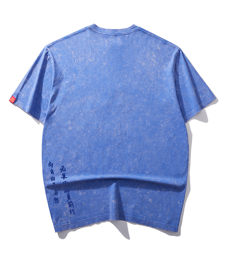Indigo Washed Embroidered Lotus - Oriental Style T-Shirt