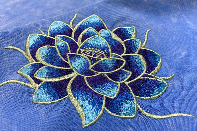 Indigo Washed Embroidered Lotus - Oriental Style T-Shirt