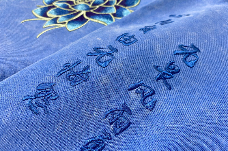 Indigo Washed Embroidered Lotus - Oriental Style T-Shirt