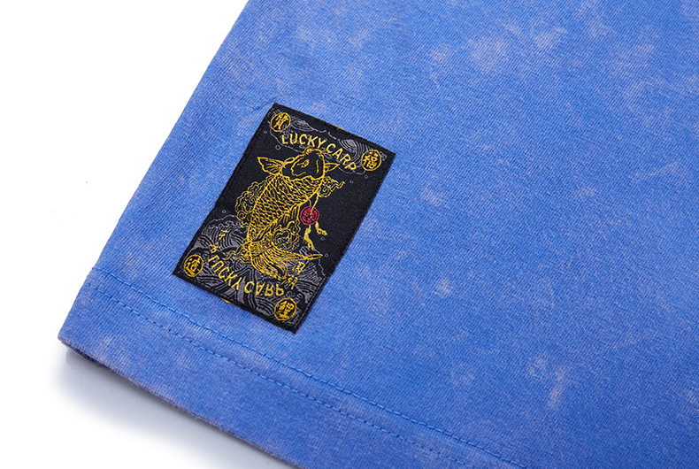 Indigo Washed Embroidered Lotus - Oriental Style T-Shirt
