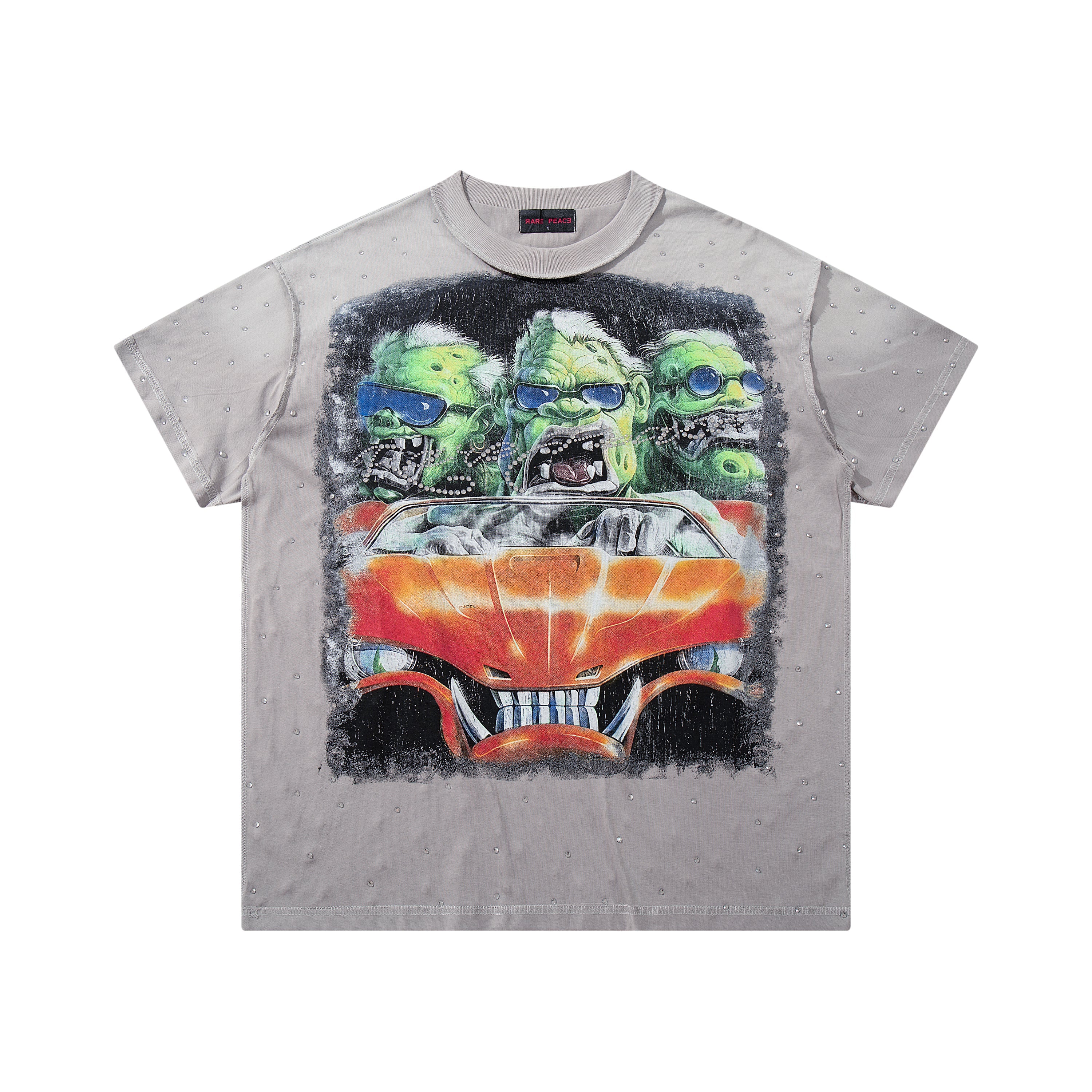 Rare Peace Chaos Car Graphic Oversized Rhinestone Gray T-Shirt