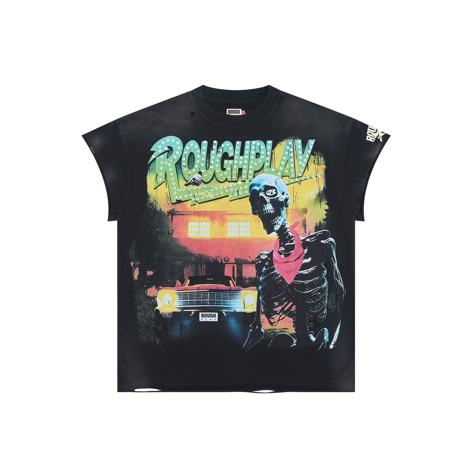 Roughplay Bandana Skeleton Classic Car Double‑Sided Distressed Tee