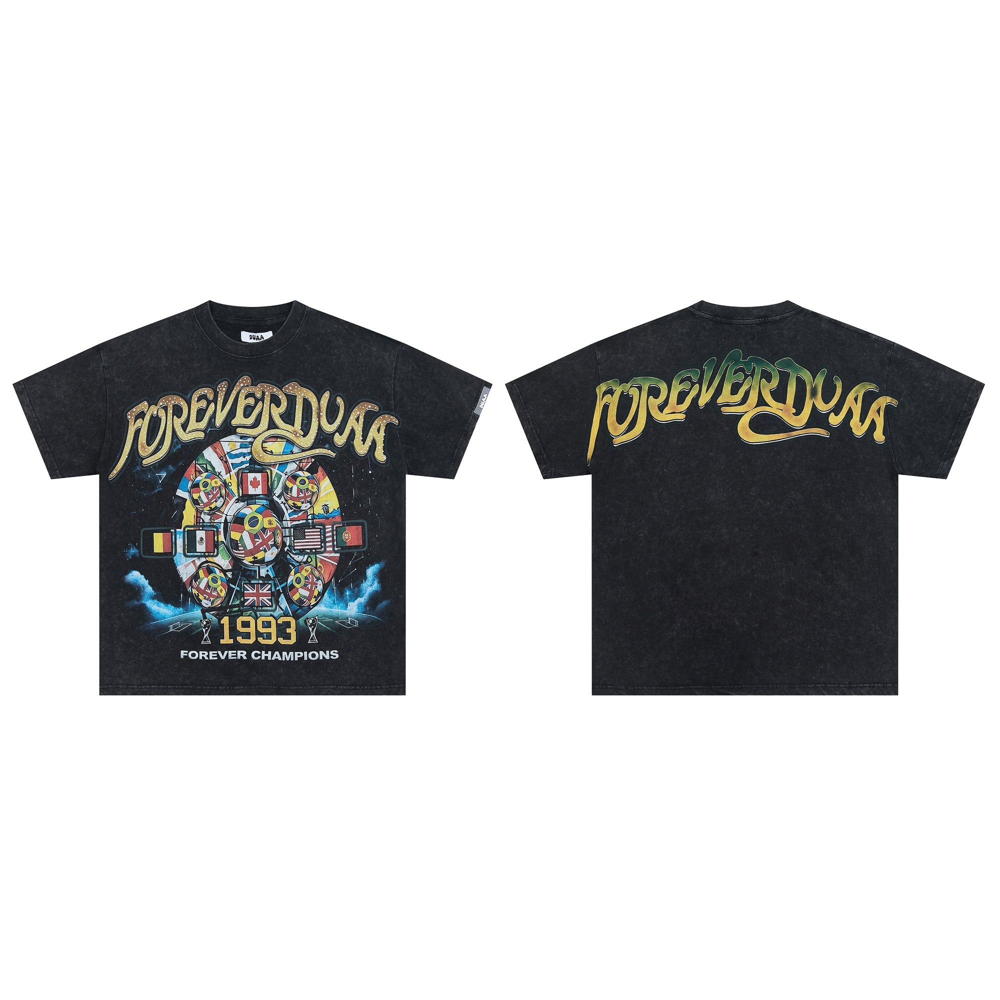 DUAA 1993 Forever Champions Global‑Flag Vintage Graphic Tee