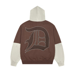 DUAA Two‑Tone Patchwork Distressed Gothic Logo Zip‑Up Hoodie
