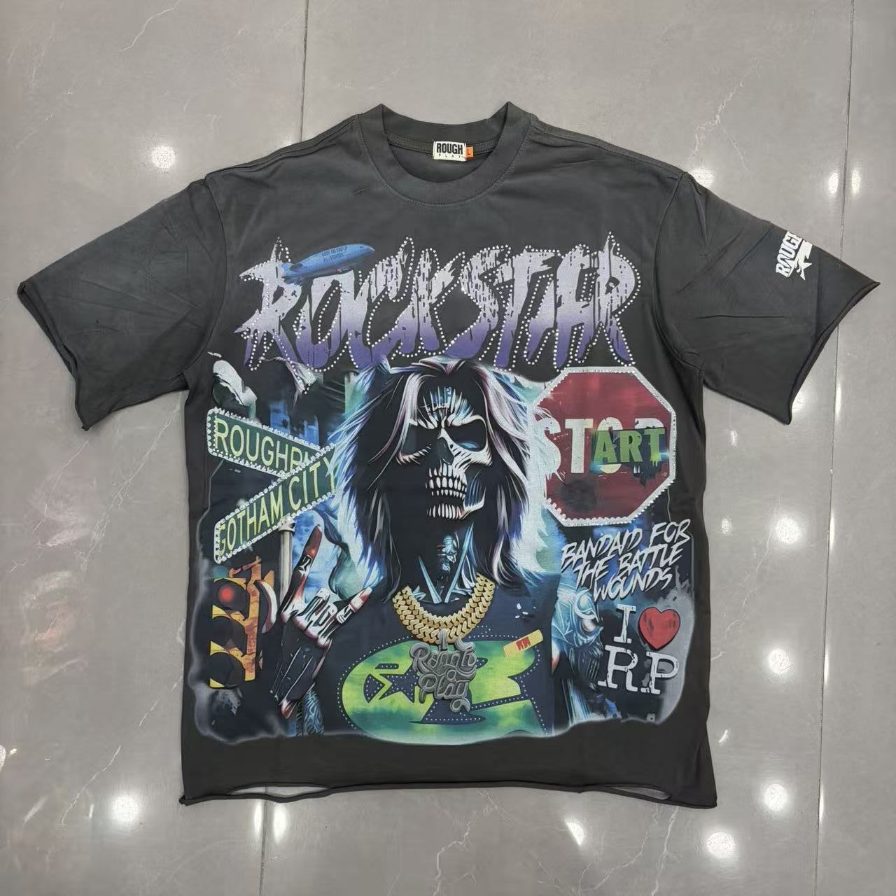 Roughplay Rockstar Skeleton Gotham City Collage Graphic Tee