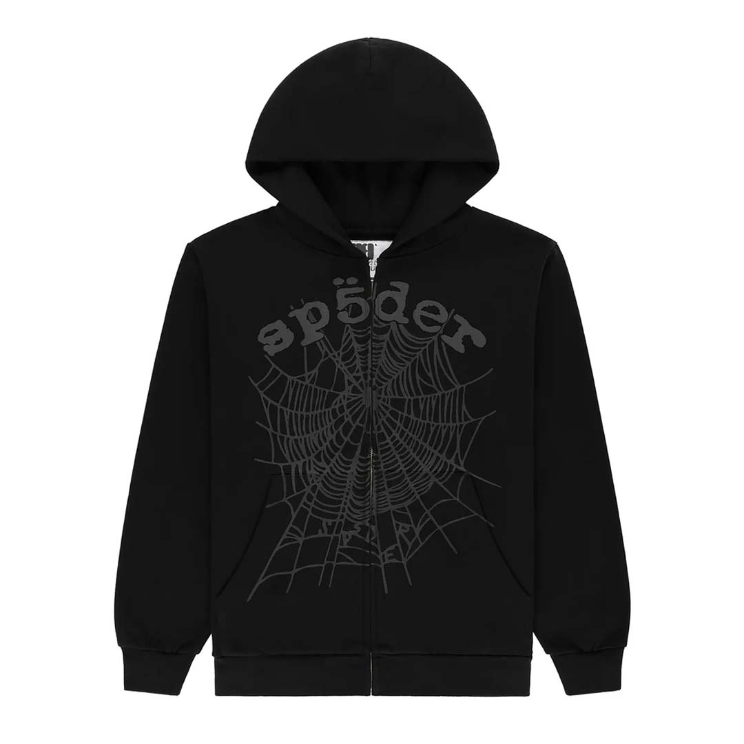 Sp5der Black OG Web V2 Phantom Zip Up Hoodie